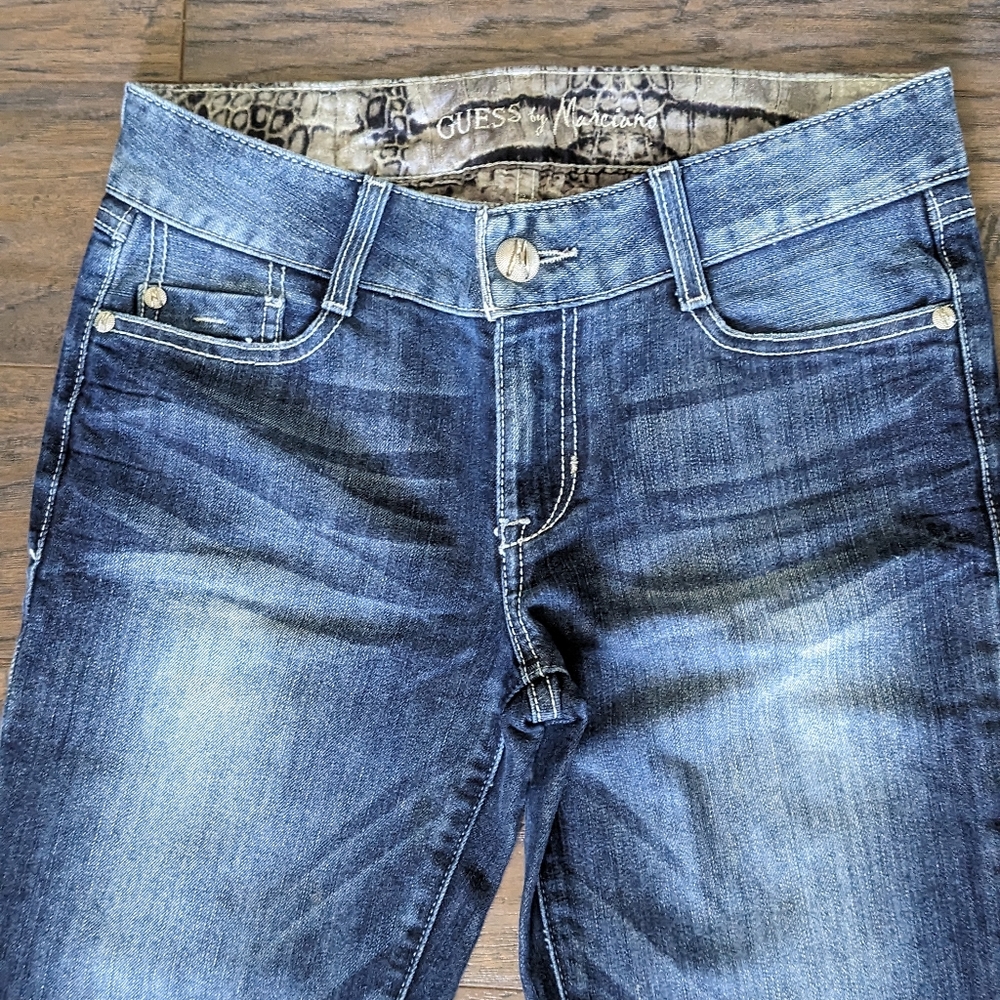 GUESS by MARCIANO Jeans, blue washed, silk animal prints inside lining.